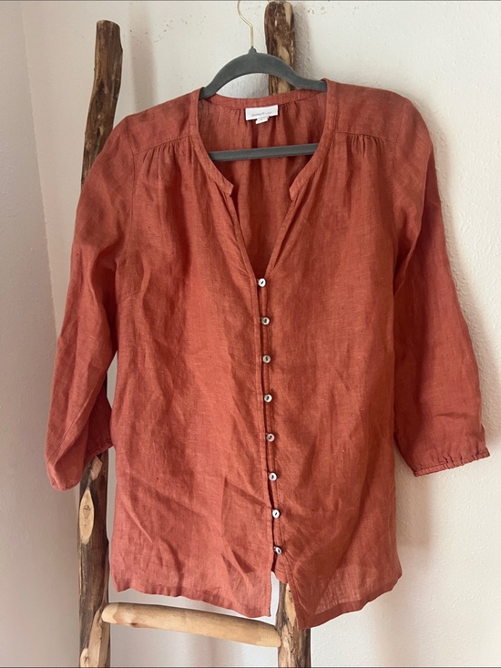 J. Jill Tops - J. Jill Rust Terra Cotta Orange Button-Down Linen V-neck 3/4 Sleeve Shirt Medium